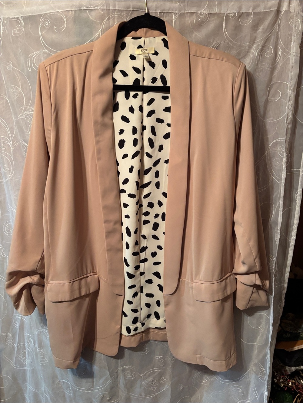 Kori Tan Open-Front Blazer with Dalmatian Print Lining